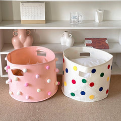 Desktop Storage Basket Polka Dot Pom Pom Decor Large Capacity