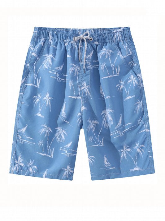 Coconut Palm & Dog Pattern Beach Shorts Men's Quick Drying Waist Drawstring Shor