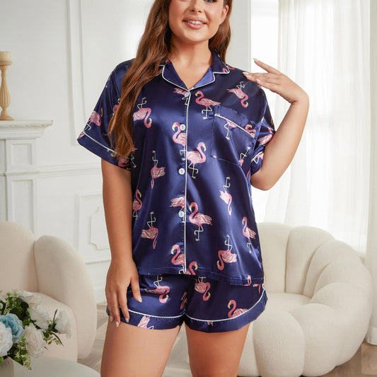  Satin Flamingo Print Pajama Set Button Up Shirt & Shorts