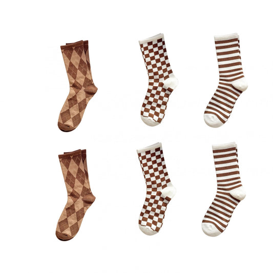 6 Pairs Plaid & Striped Socks College Style Women's Stockings