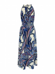 Paisley Print Sleeveless Shirred Dress Boho Resort Wear Drawstring Dress
