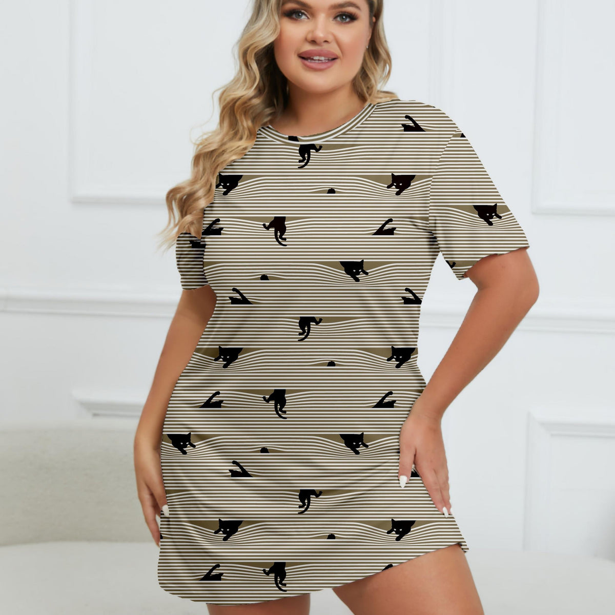 Cat & Stripe Print Tee Nightdress