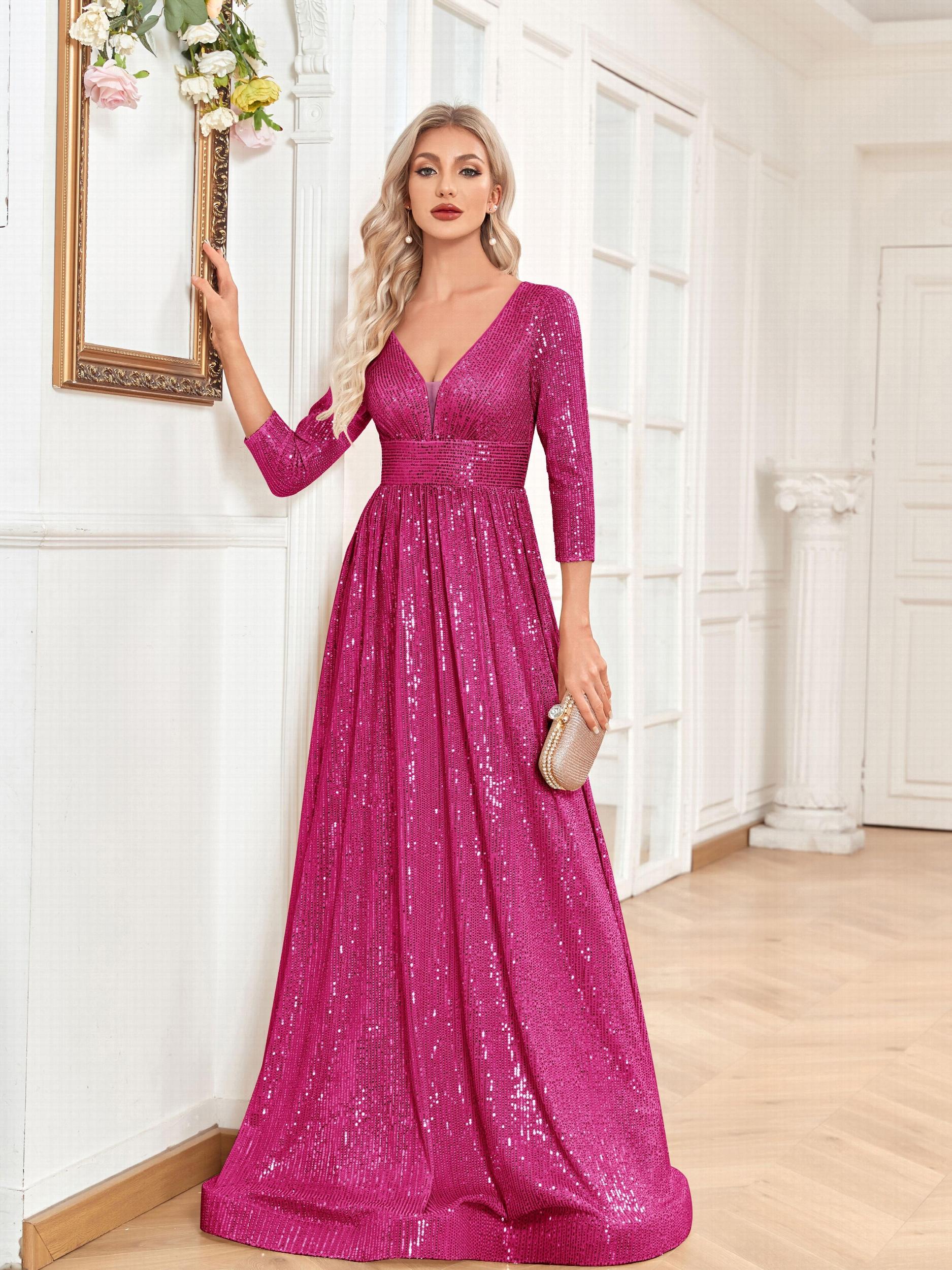 Sequined Maxi Dress V Neck Gown For Bridesmaid