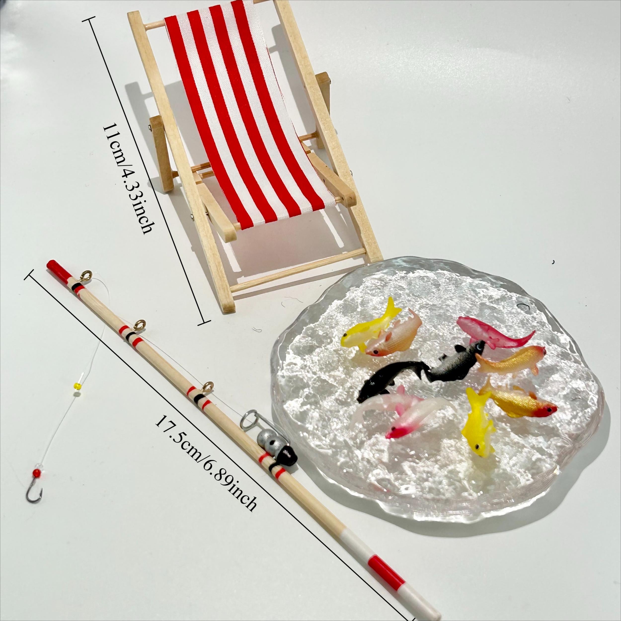 10pcs Dollhouse Fishing Set with Fish, Rod & Chair for Pretend Play