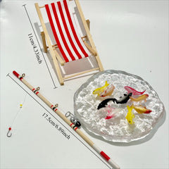 10pcs Dollhouse Fishing Set with Fish, Rod & Chair for Pretend Play