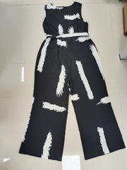 Brush Print Notched Neck Tank Jumpsuit With Belt