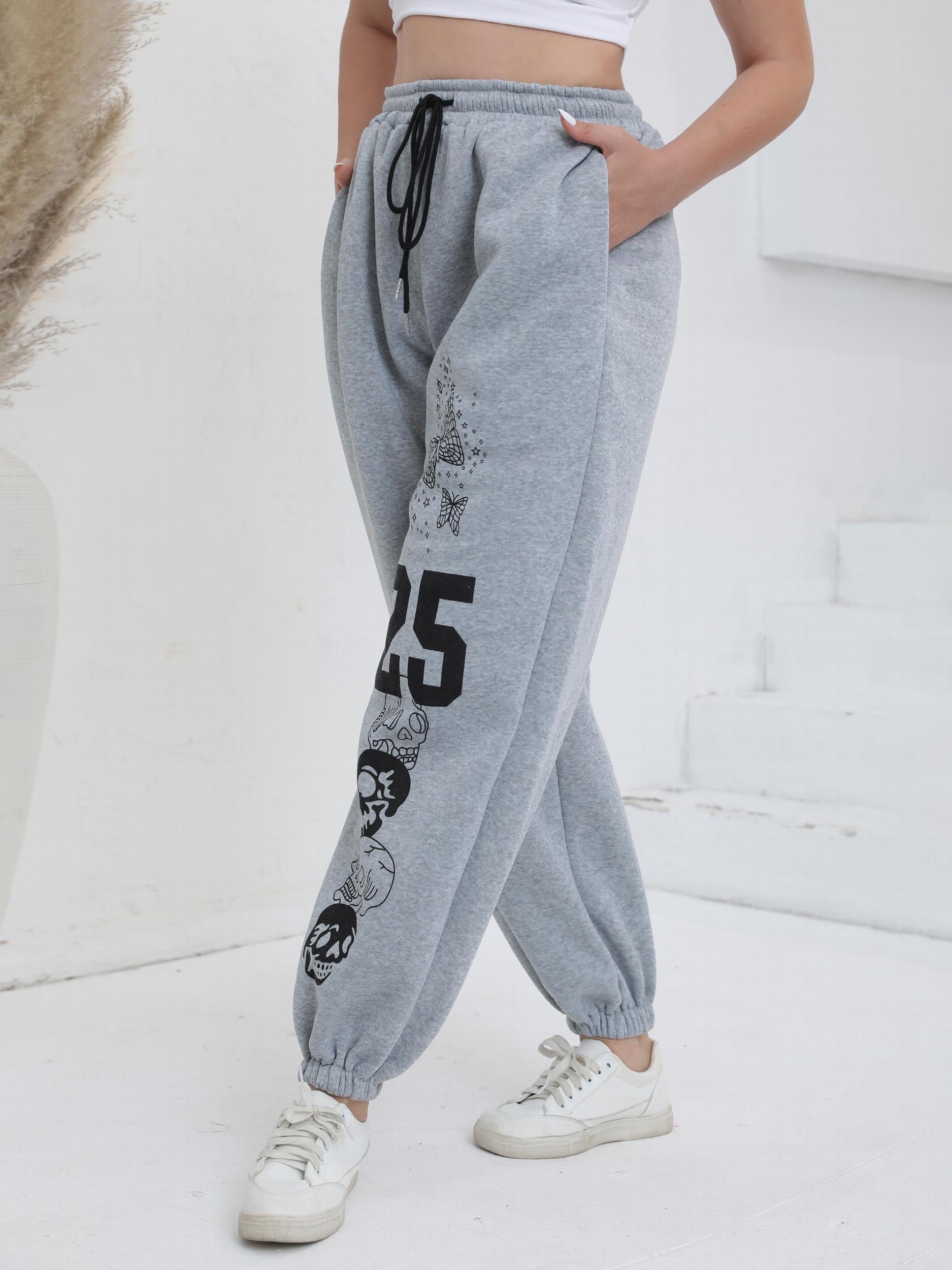  Casual Pants Women's Plus Butterfly & Skull & Number Print Drawstring