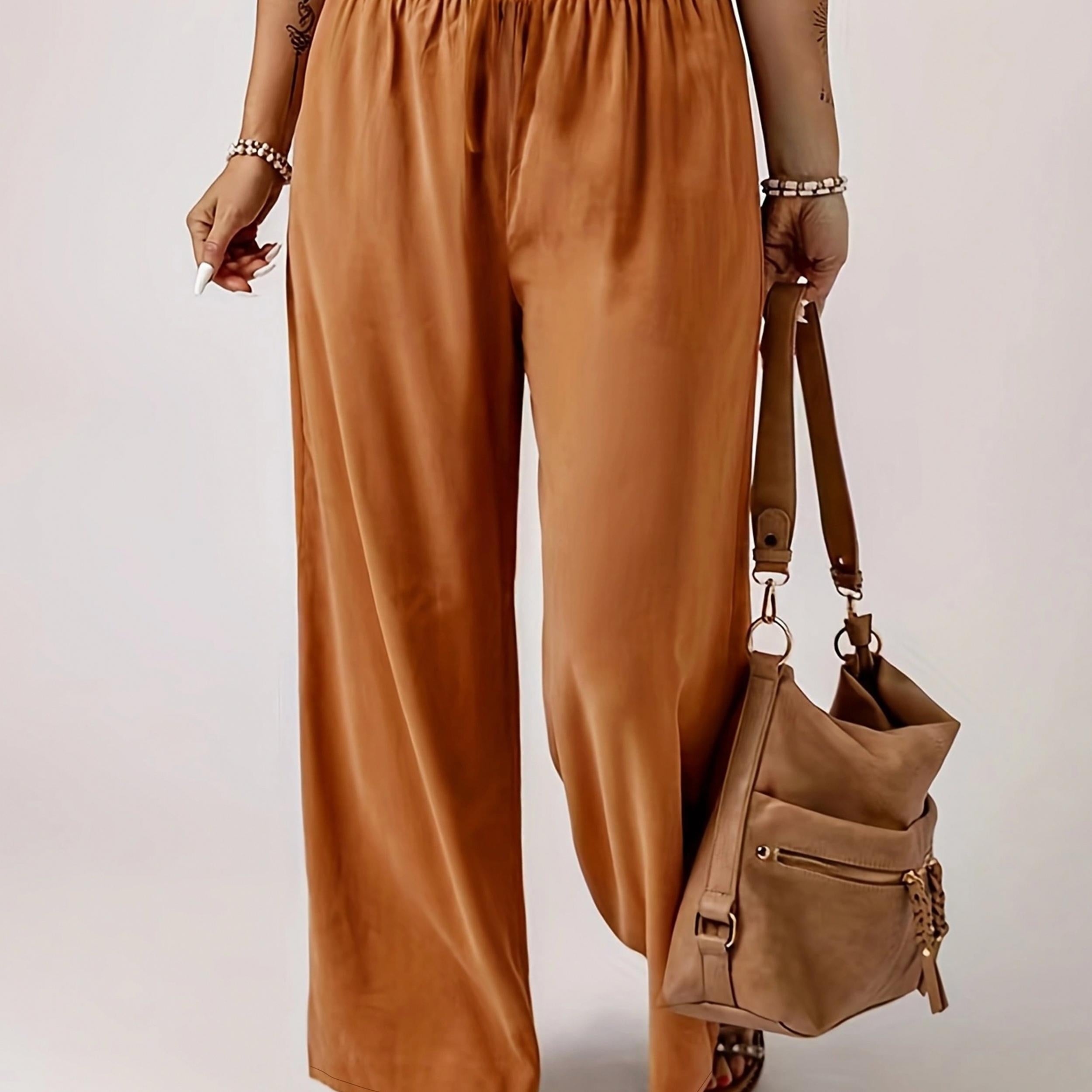  Solid Wide Leg Trousers Elastic Waist Drawstring Casual Pants