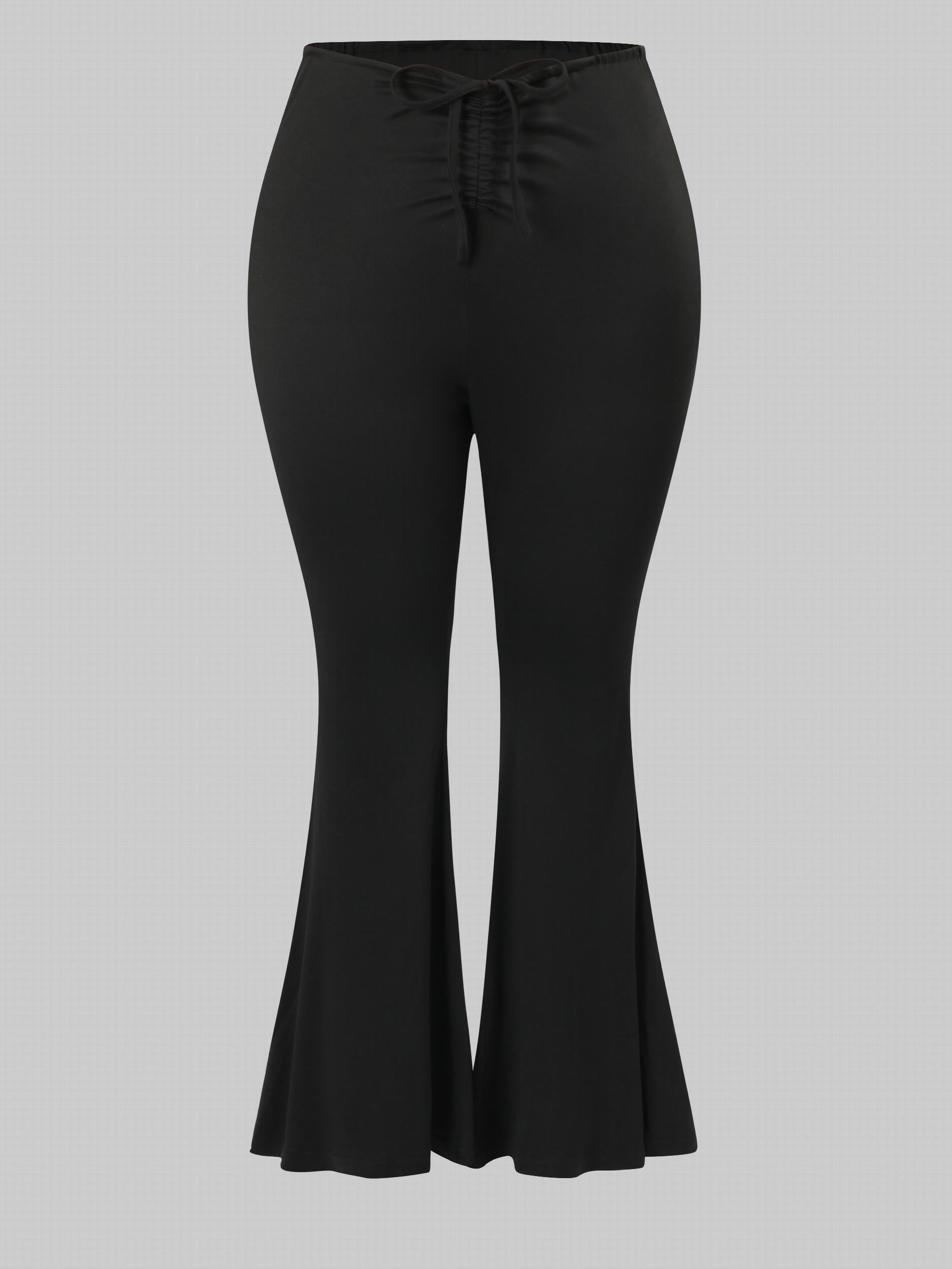 Women's Plus Solid Ruched Tie Front High Rise Flared Leg Trousers