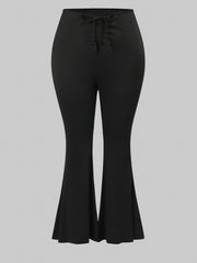 Women's Plus Solid Ruched Tie Front High Rise Flared Leg Trousers