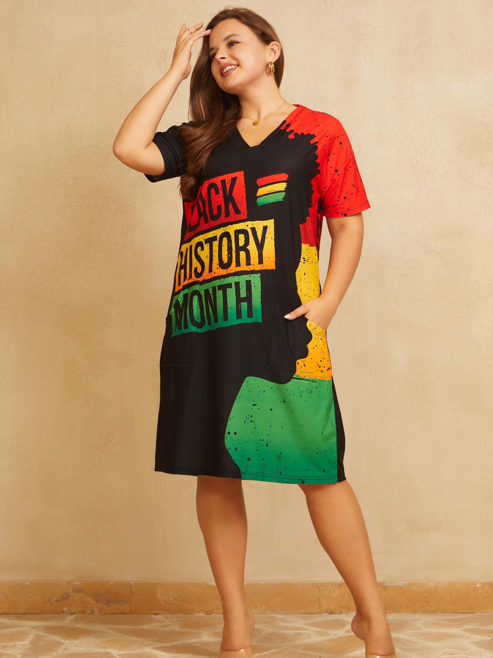  Cartoon Print Colorblock V Neck Tee Dress
