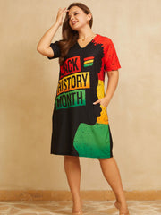  Cartoon Print Colorblock V Neck Tee Dress