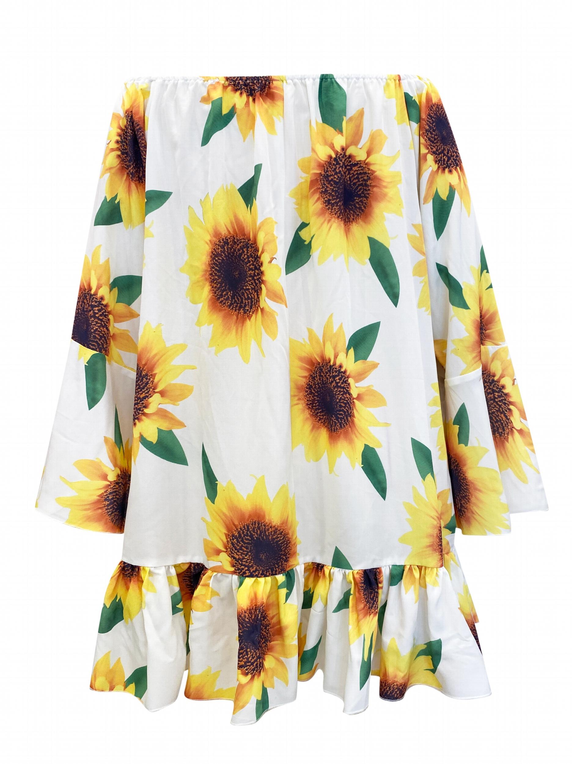  Sunflower Print One Shoulder Bell Sleeve Mini Dress