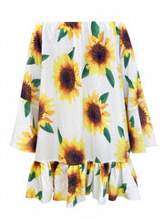  Sunflower Print One Shoulder Bell Sleeve Mini Dress
