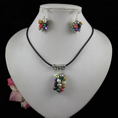 Black Leather Baroque Pearl Necklace Earring Set