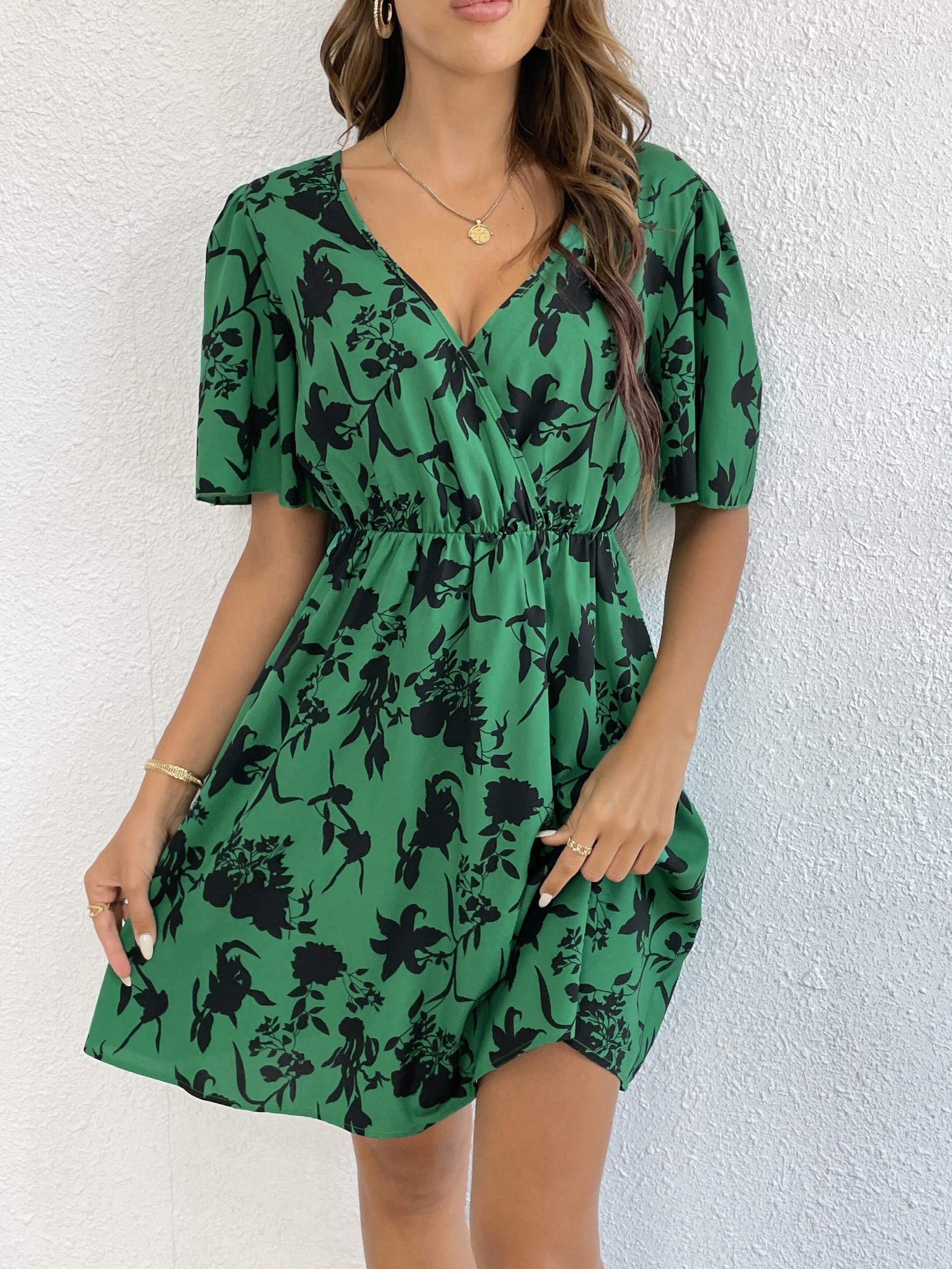 Floral Print Surplice Neck Short Sleeve Dress for Women