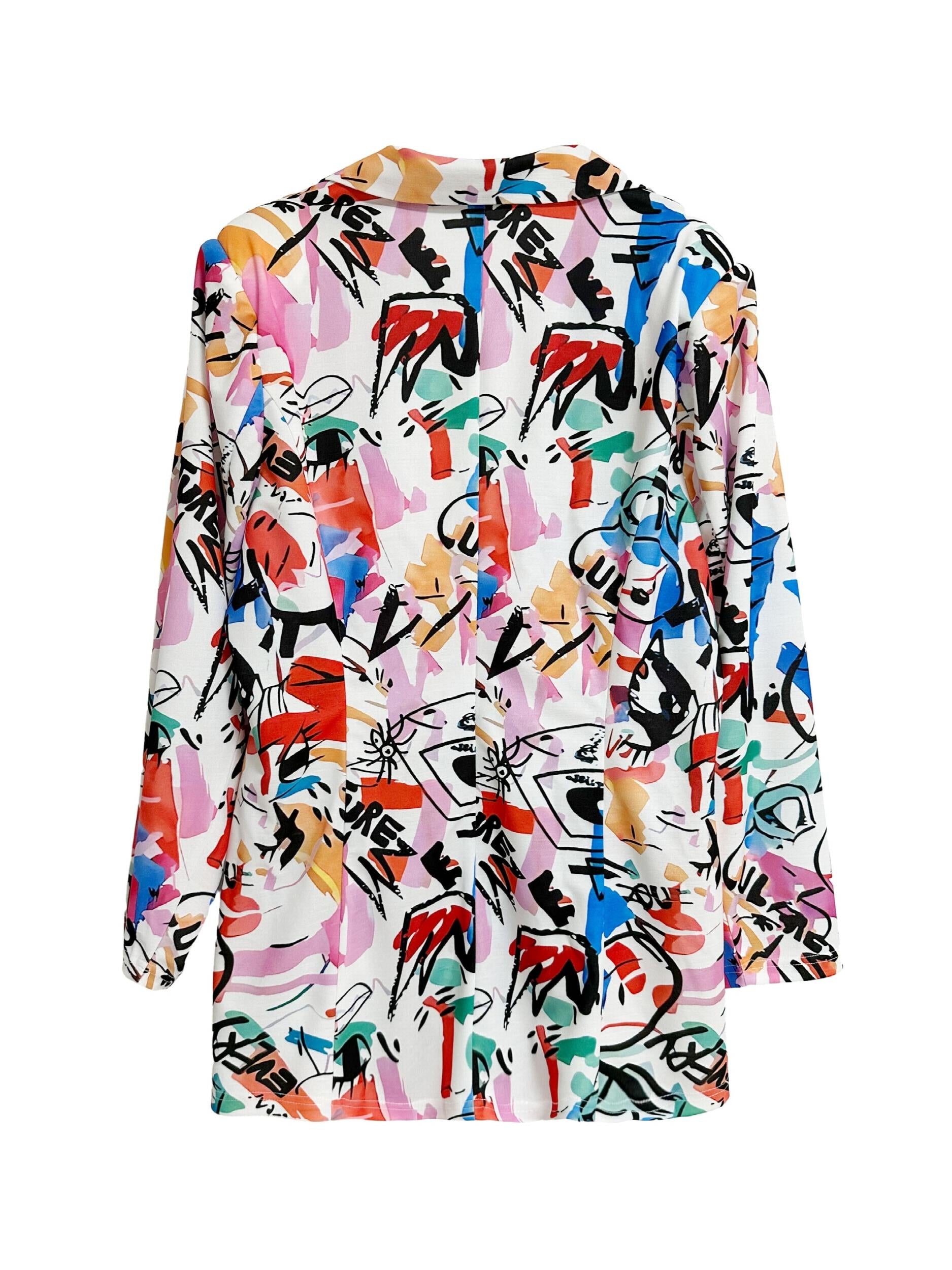  Graffiti Print Long Sleeve Button Blazer