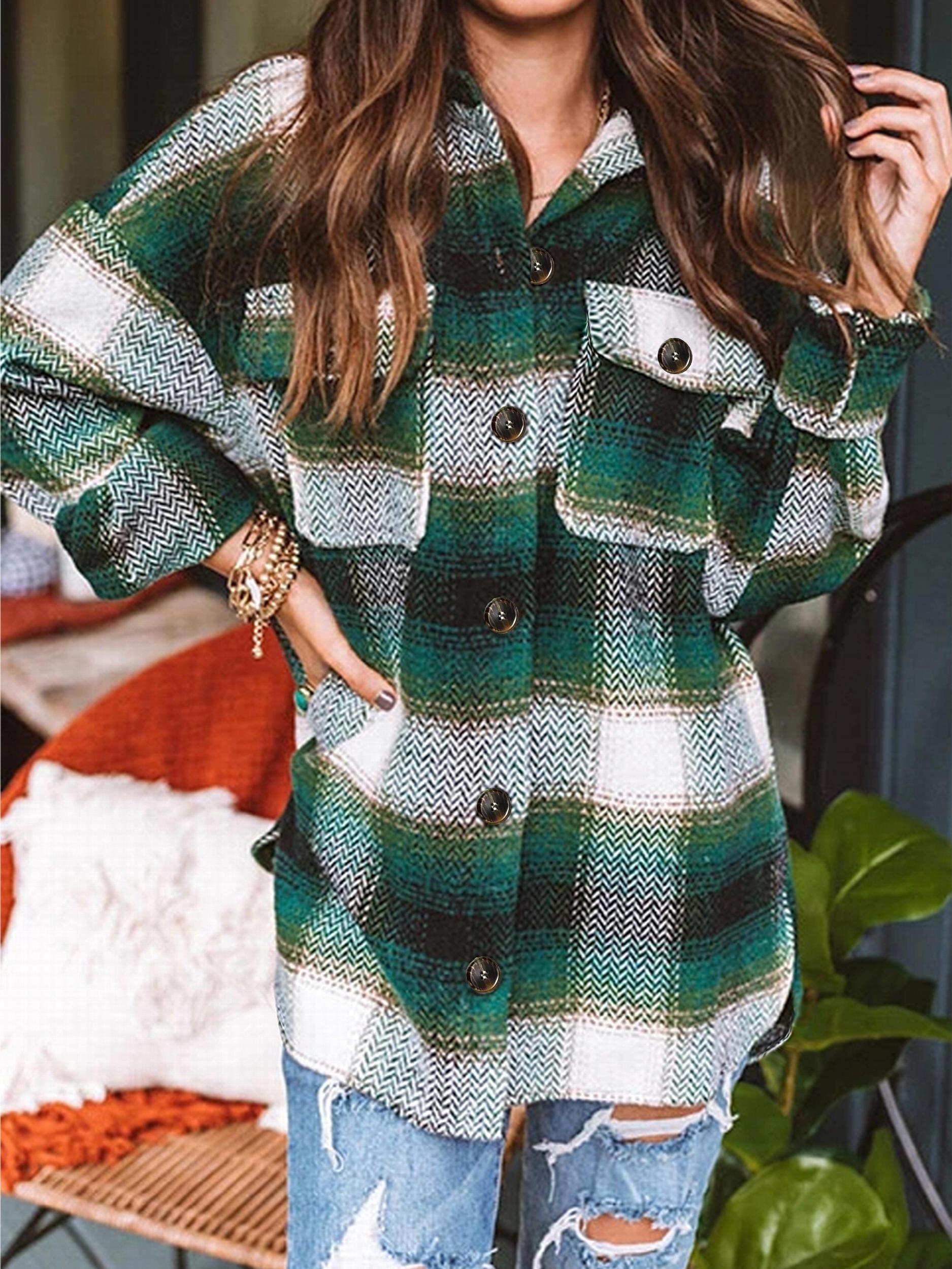  Women's Plaid Print Long Sleeve Button Up Top
