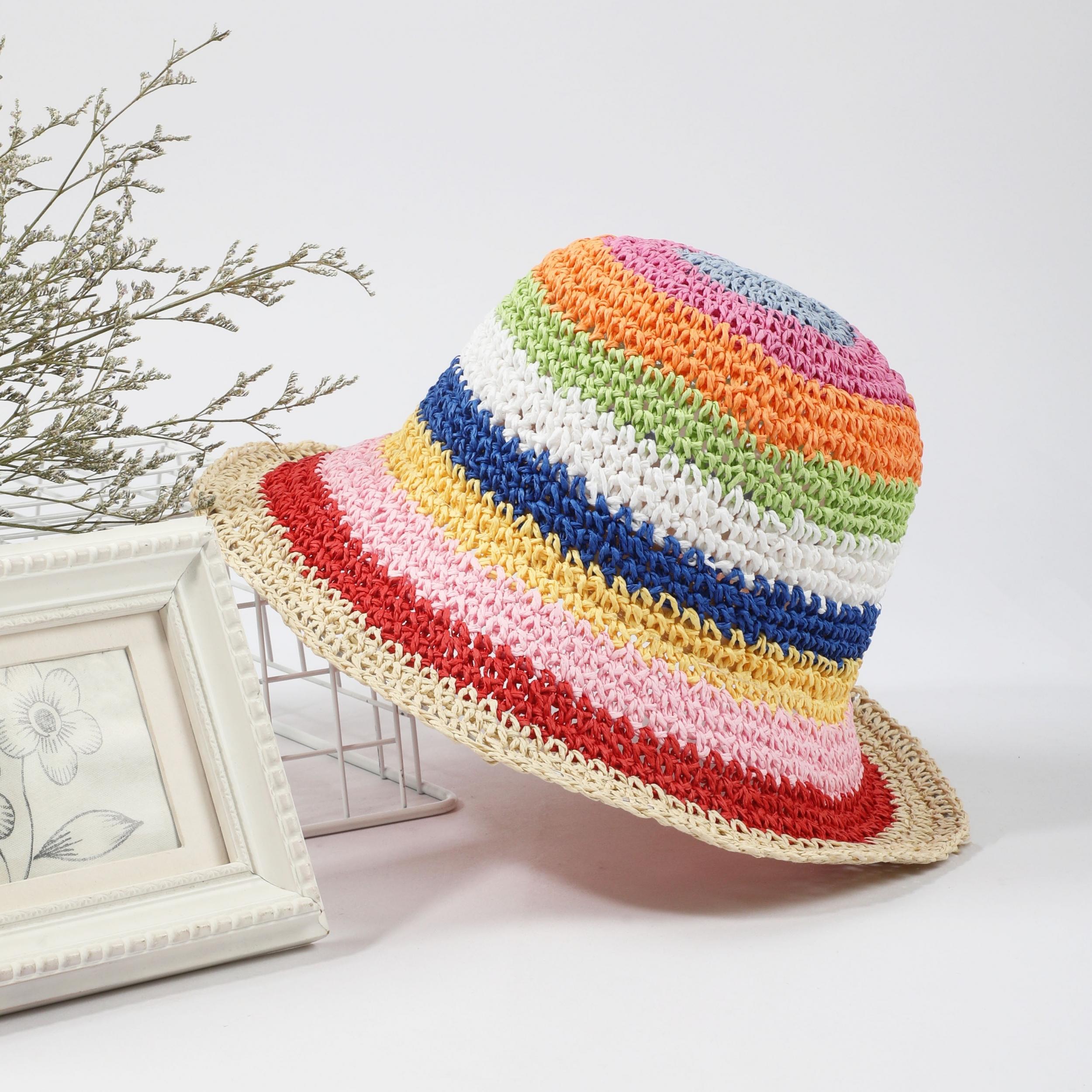 Rainbow Stripe Crochet Bucket Hat Breathable Foldable Straw Sun Hats