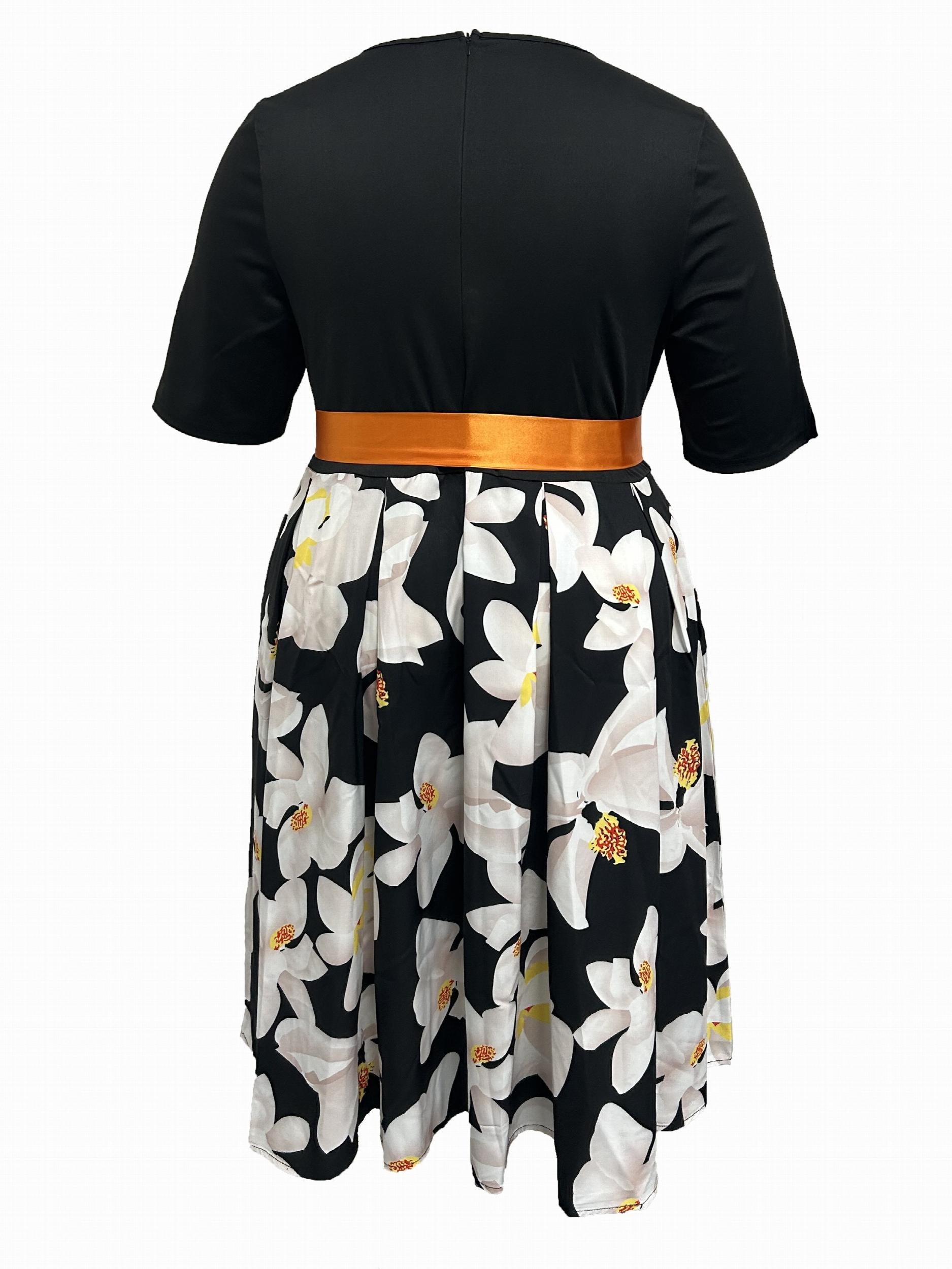 Colorblock Floral Print Belted Midi Dress