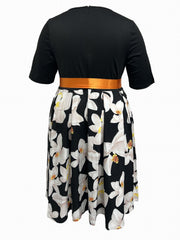 Colorblock Floral Print Belted Midi Dress