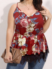  Women's Floral Print Lace Trim V Neck Pleated Cami Top