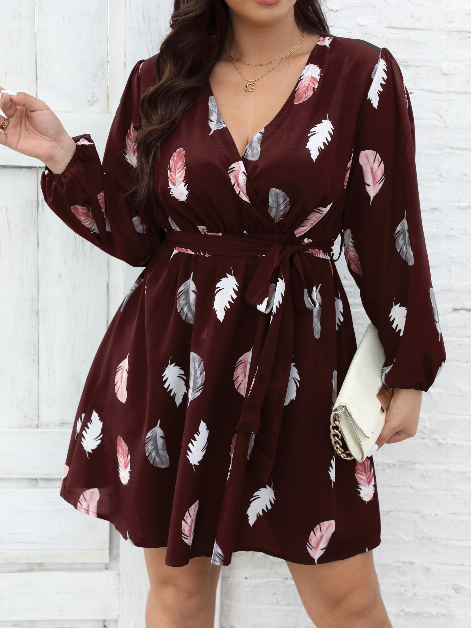 Women's Plus Feather Print Long Sleeve Dress With Belt