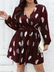Women's Plus Feather Print Long Sleeve Dress With Belt
