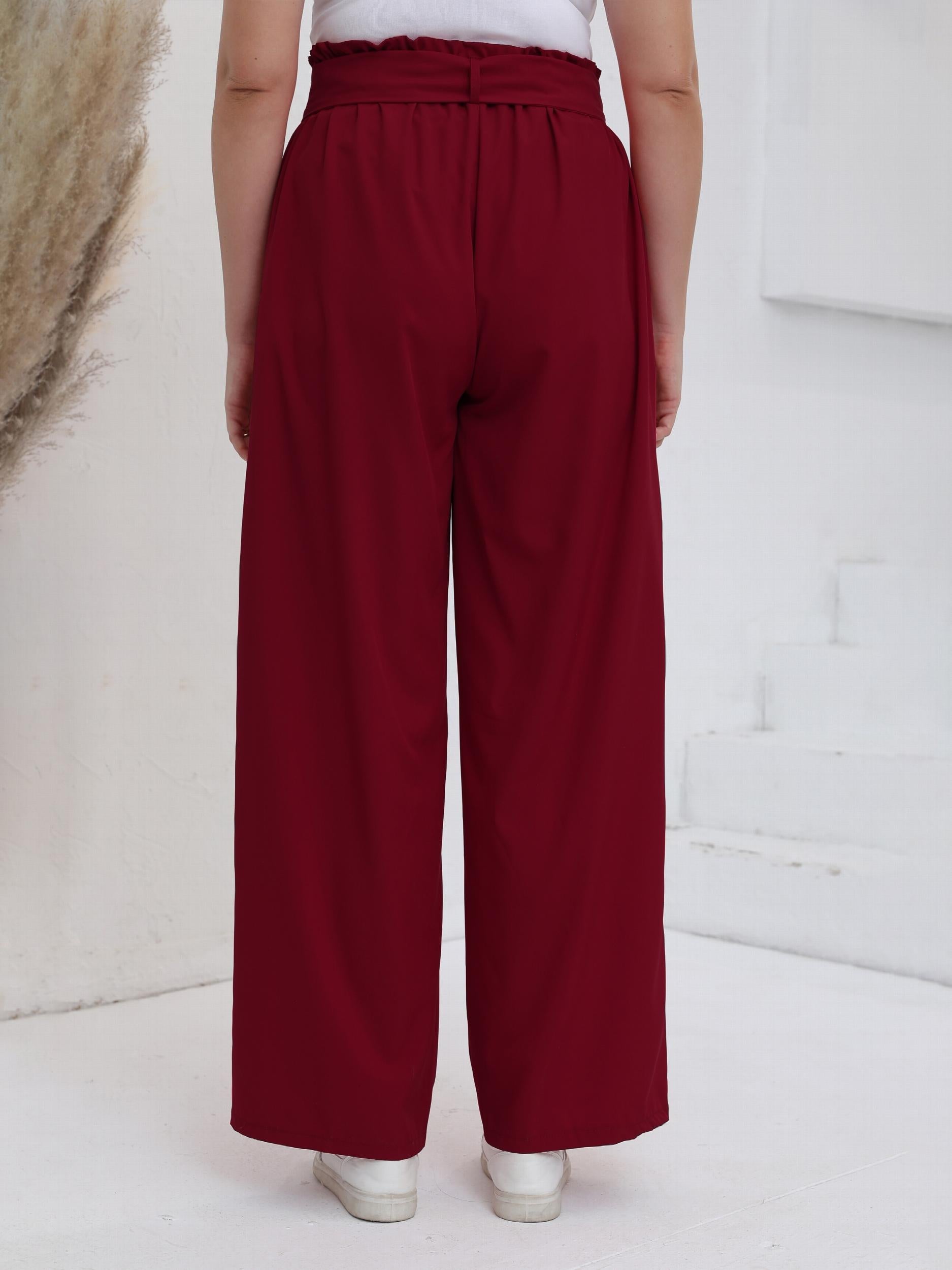  Solid High Rise Wide Leg Trousers With Belt