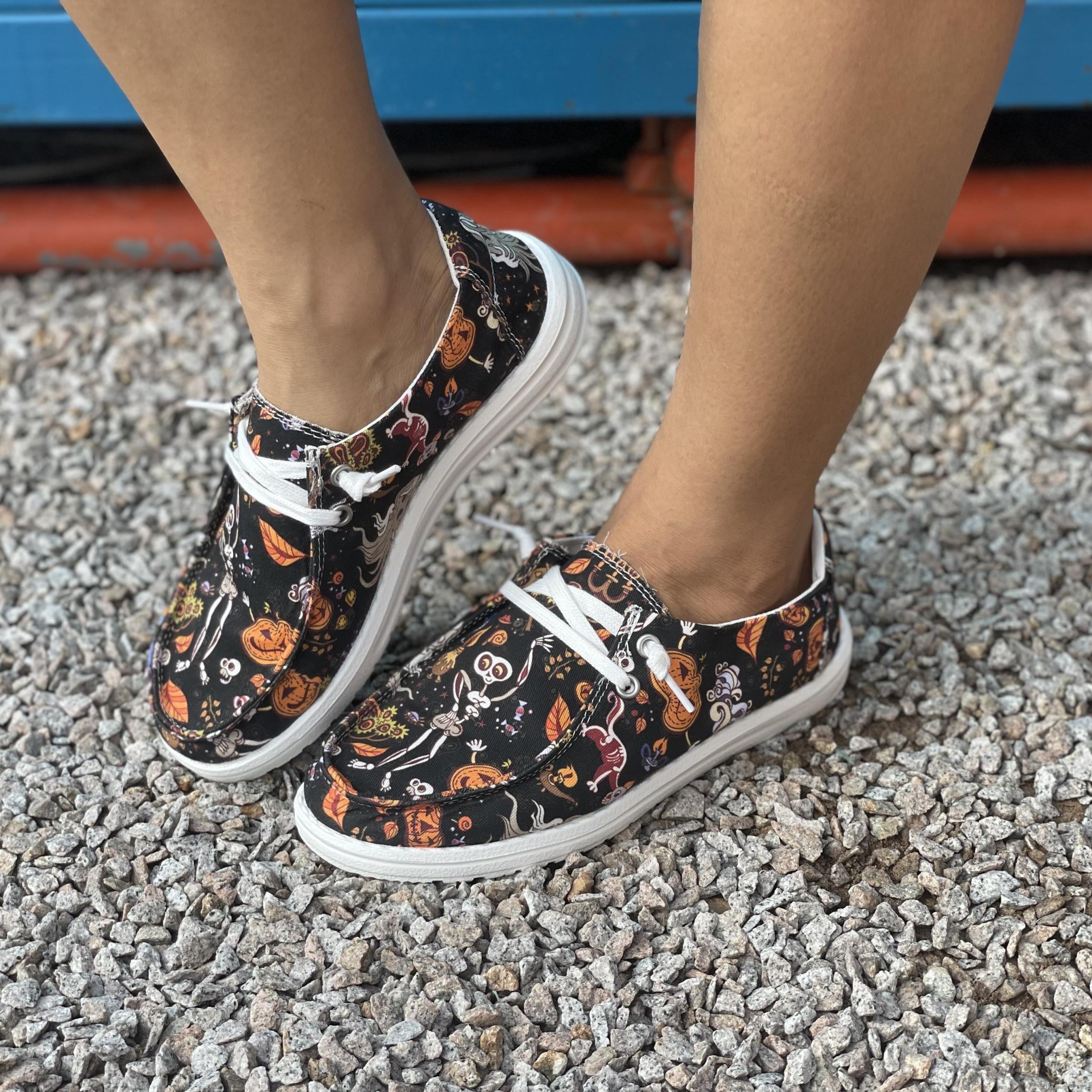 Skull & Pumpkin Canvas Slip-On Shoes Lightweight Flat Comfy Halloween