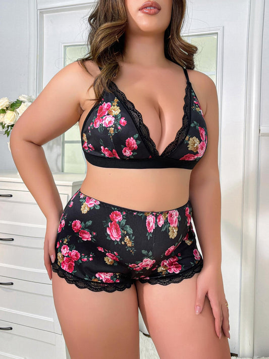 Floral Print Lace Trim Backless Bra & Panty Set