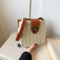Rattan Woven Crossbody Bag Straw Beach Bag Square Purse