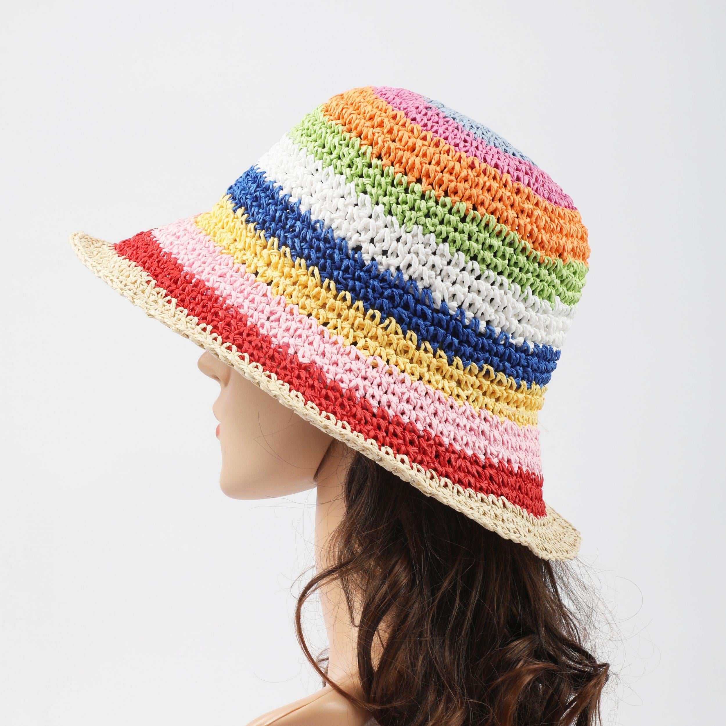 Rainbow Stripe Crochet Bucket Hat Breathable Foldable Straw Sun Hats