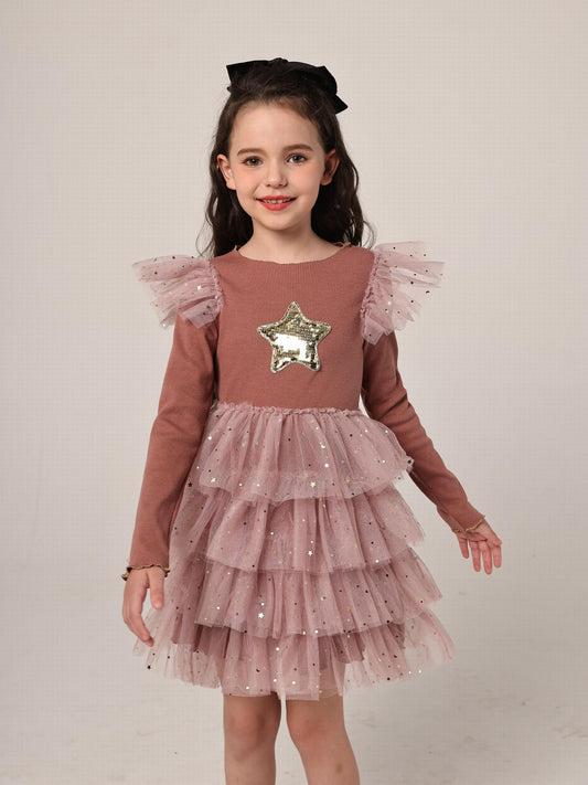 Star Girl Long Sleeve Mesh Tiered Party Tutu Dress Birthday Princess