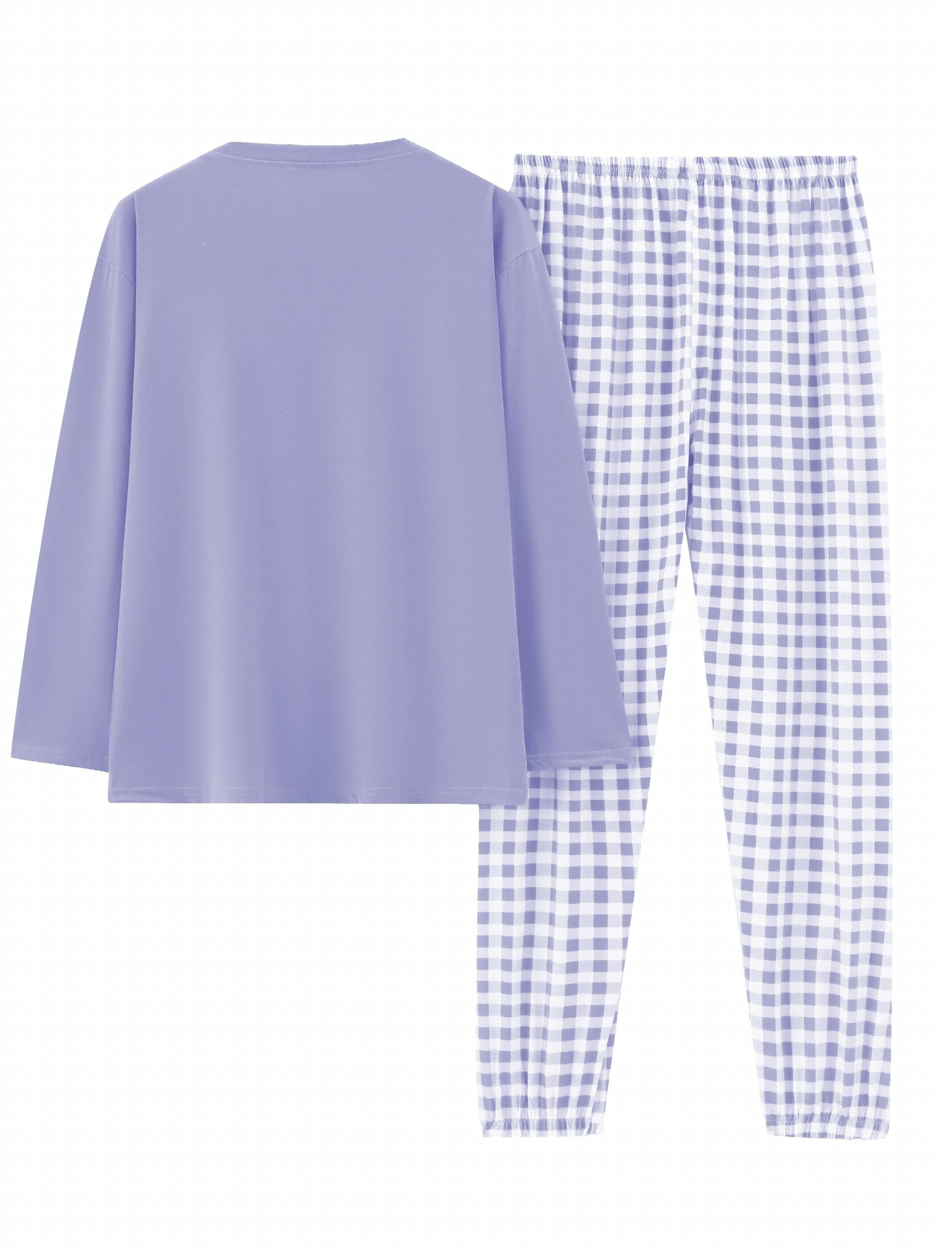  Casual Pajamas Set Long Sleeve Tee & Plaid Pants Loungewear 2pcs