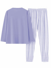  Casual Pajamas Set Long Sleeve Tee & Plaid Pants Loungewear 2pcs