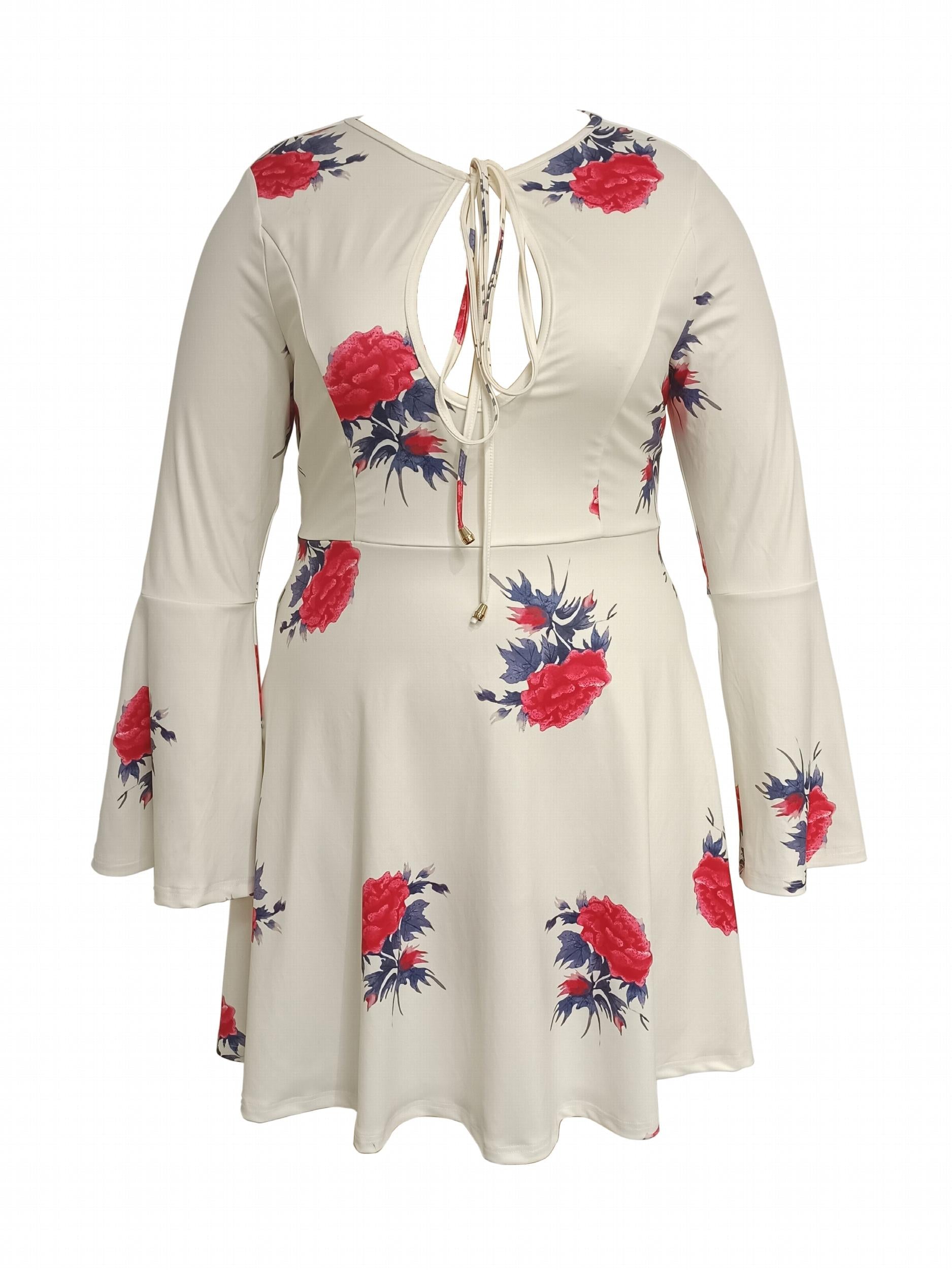 Floral Print Bell Sleeve Mini Dress