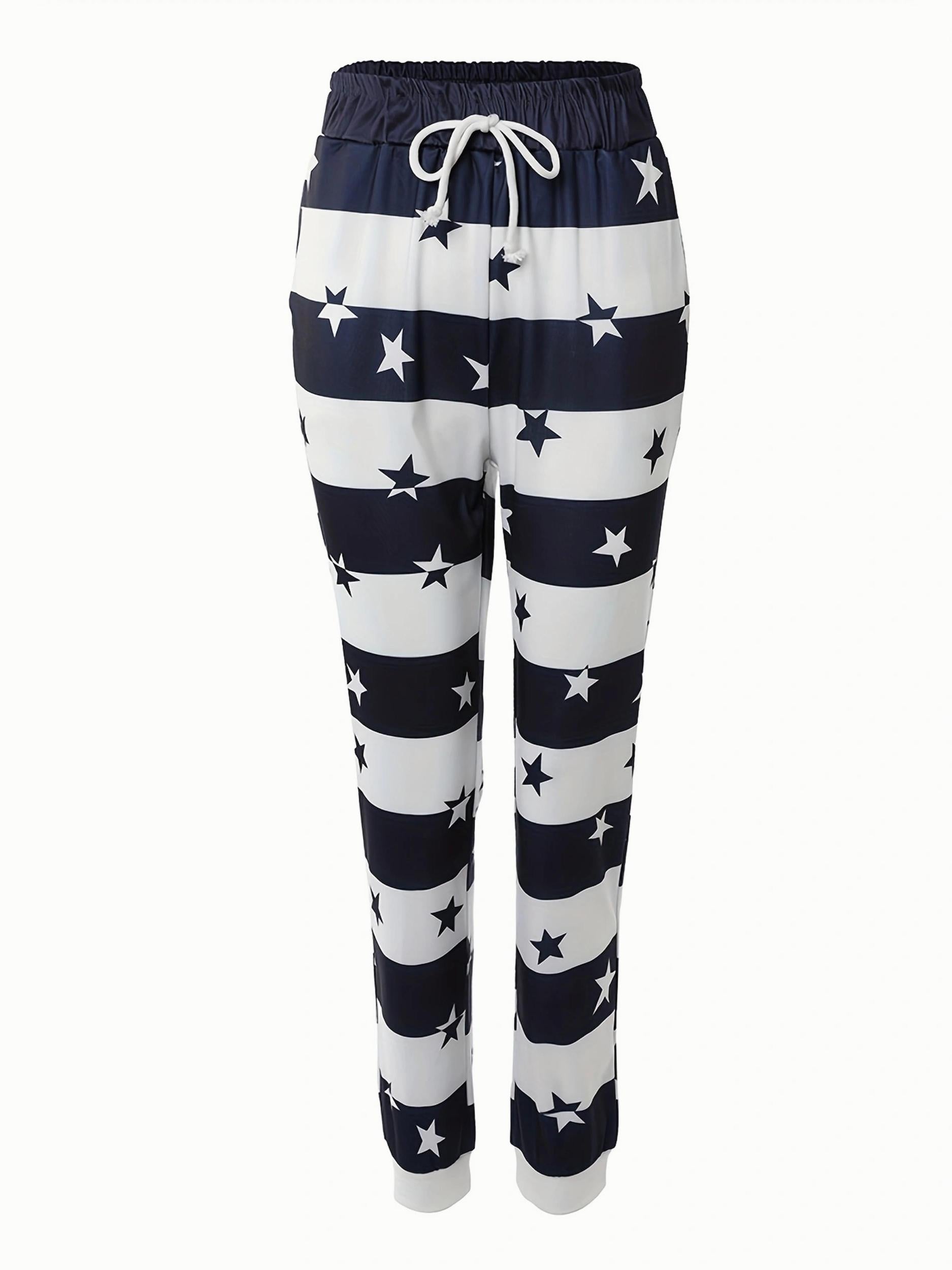 Striped & Star Print Drawstring Pants Women's Casual Pants
