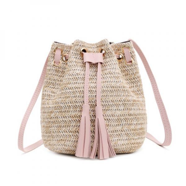 Vintage Small Rattan Bucket Bag Tassel Drawstring Shoulder Bag