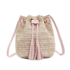 Vintage Small Rattan Bucket Bag Tassel Drawstring Shoulder Bag