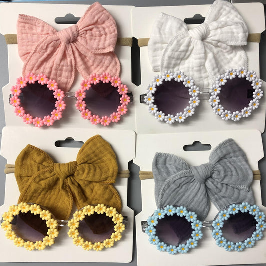 2pcs Baby Girls Bowknot Hairbands & Flower Sunglasses Set