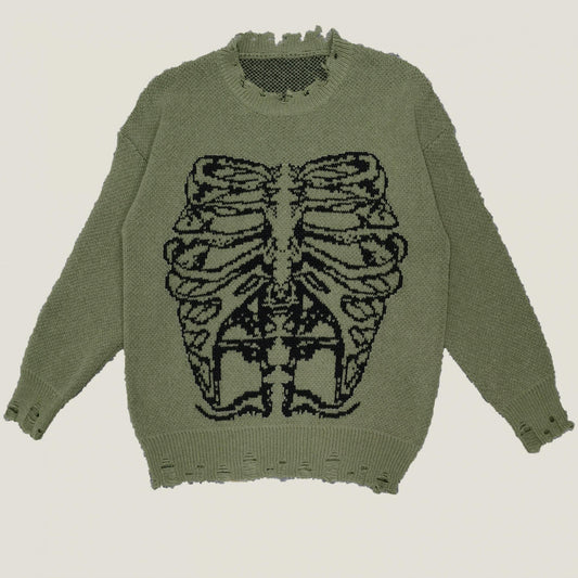  Goth Skeleton Print Ripped Sweater