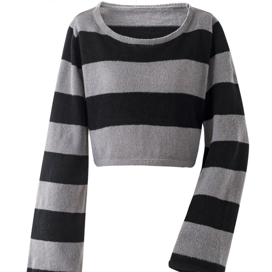 Grunge Block Striped Knit Sweater Crew Neck Long Sleeve Women's