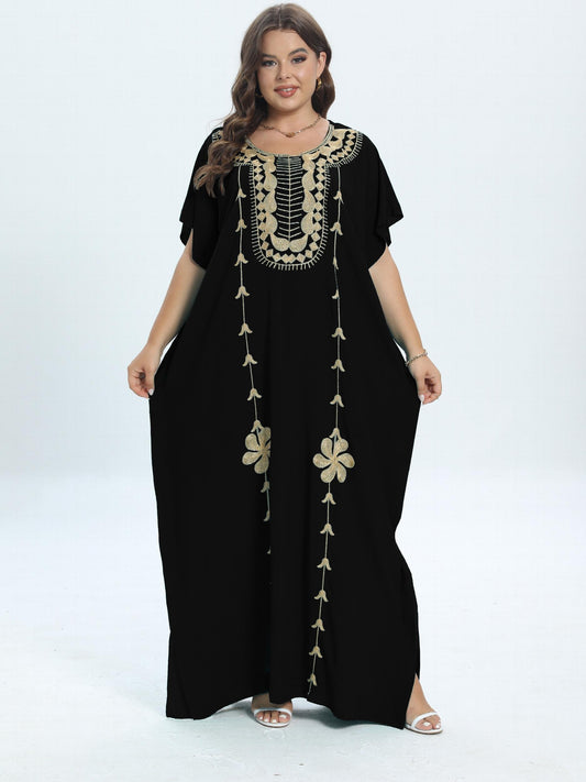  Casual Kaftan Dress Women's Plus Colorblock Floral Embroidery Maxi Dre