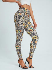 Leopard & Sunflower Print Leggings Stretchy Women's Clothing
