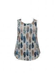  Feather Print Tank Top Round Neck Stretchy Sleeveless Tee