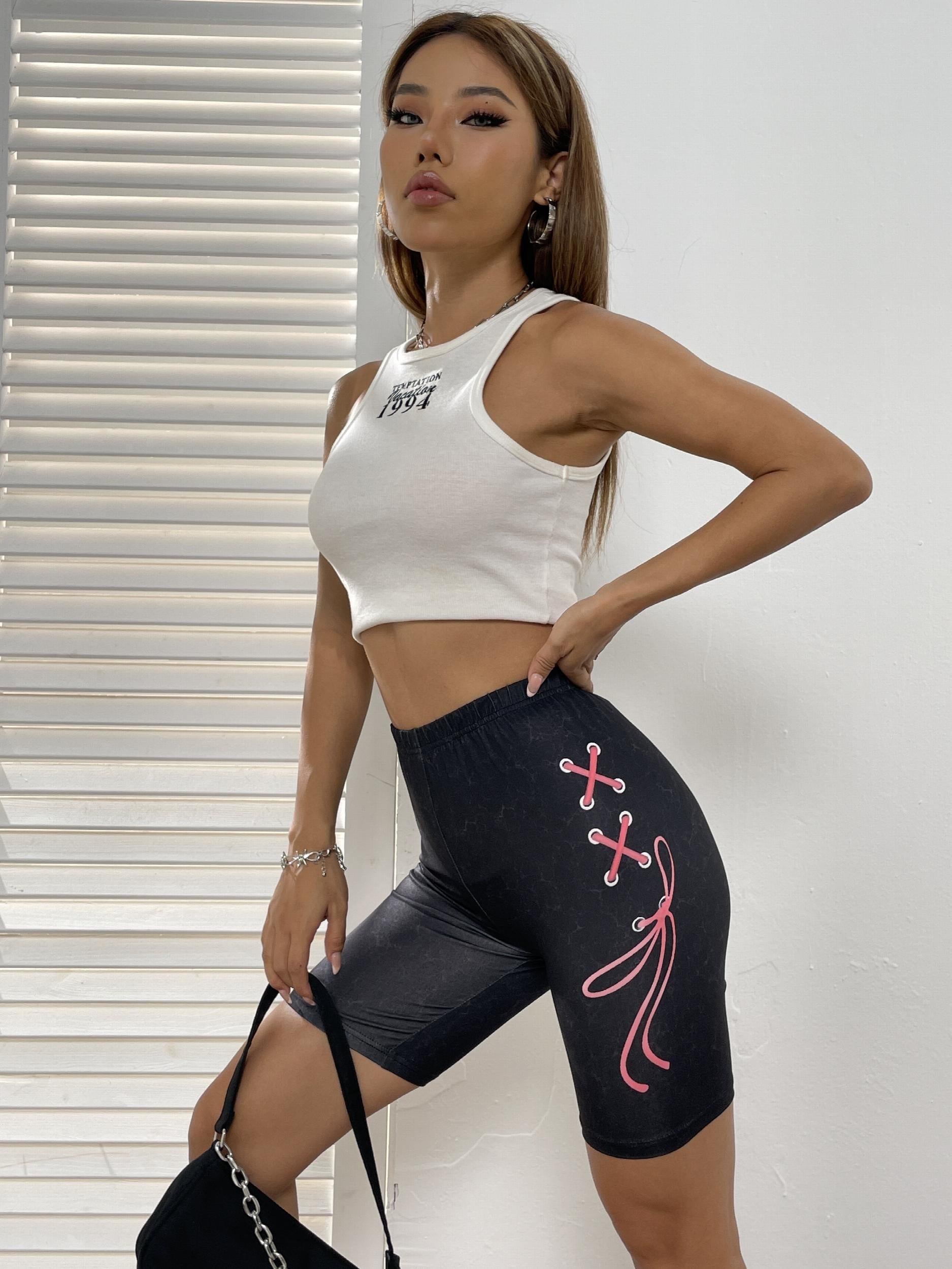 Graphic Print Slim Leggings Elastic Waist Short Length Leggings