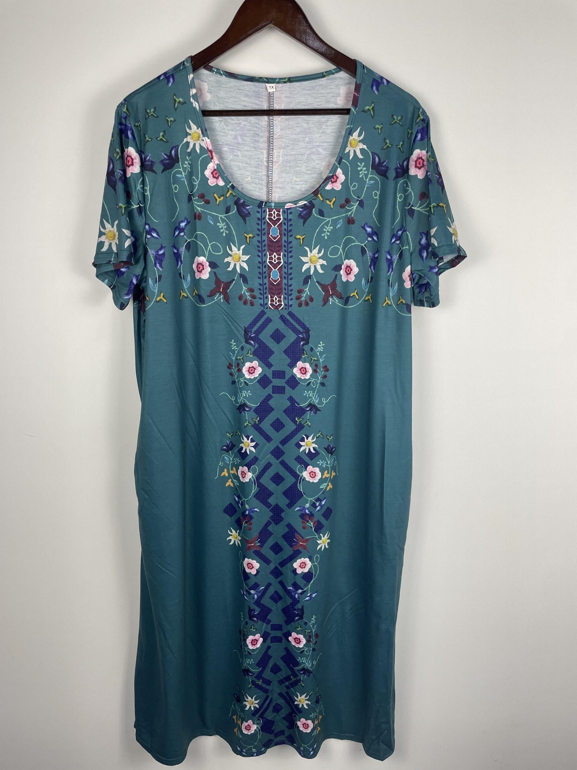  Floral Print Short Sleeve Casual Dress With Pockets