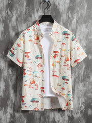 Men's Casual Mushroom Block Leaf Flower Pattern Print Short Sleeve Shirt