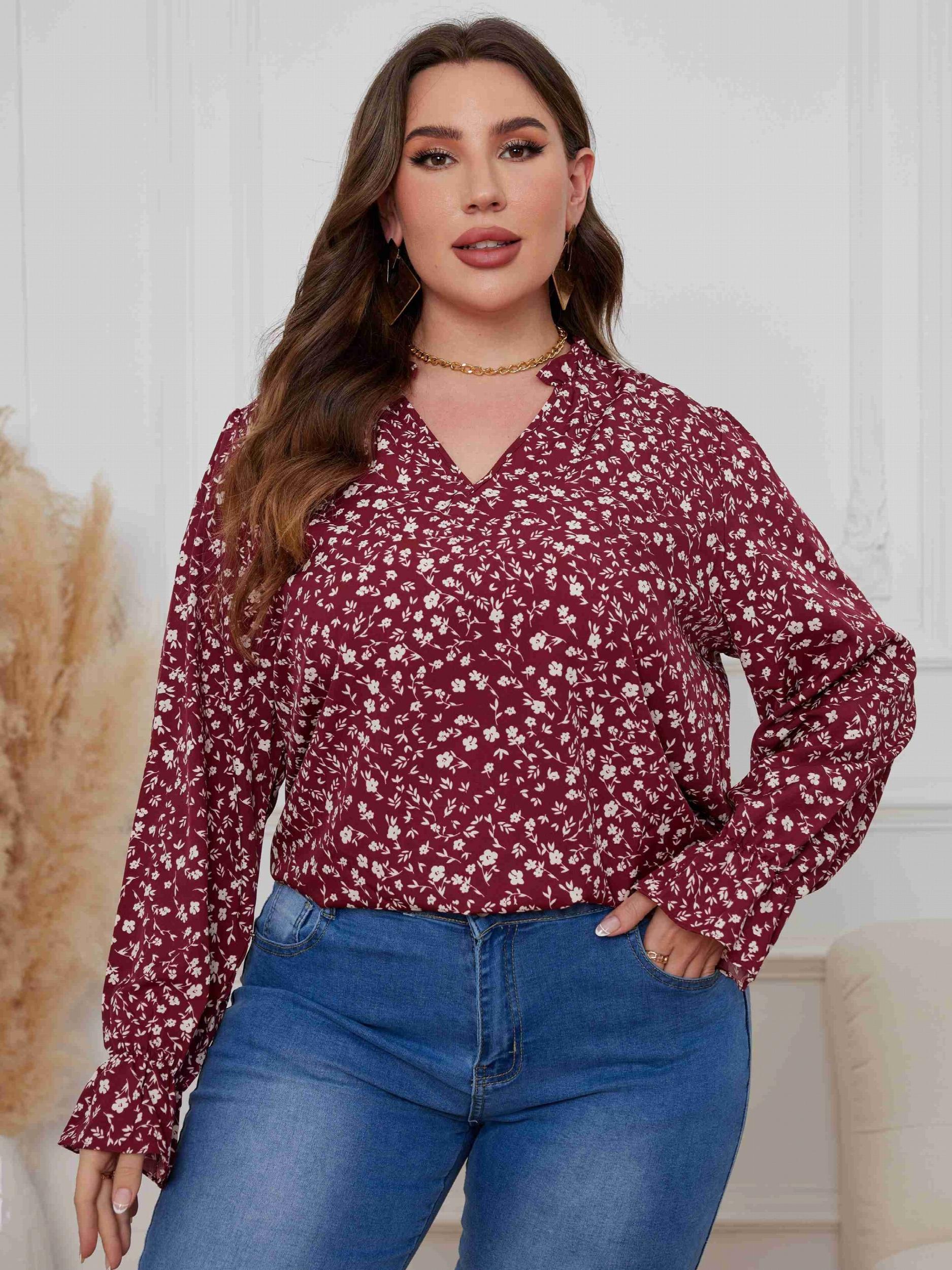  Casual Blouse Women's Plus Ditsy Print Lantern Sleeve V Neck Top